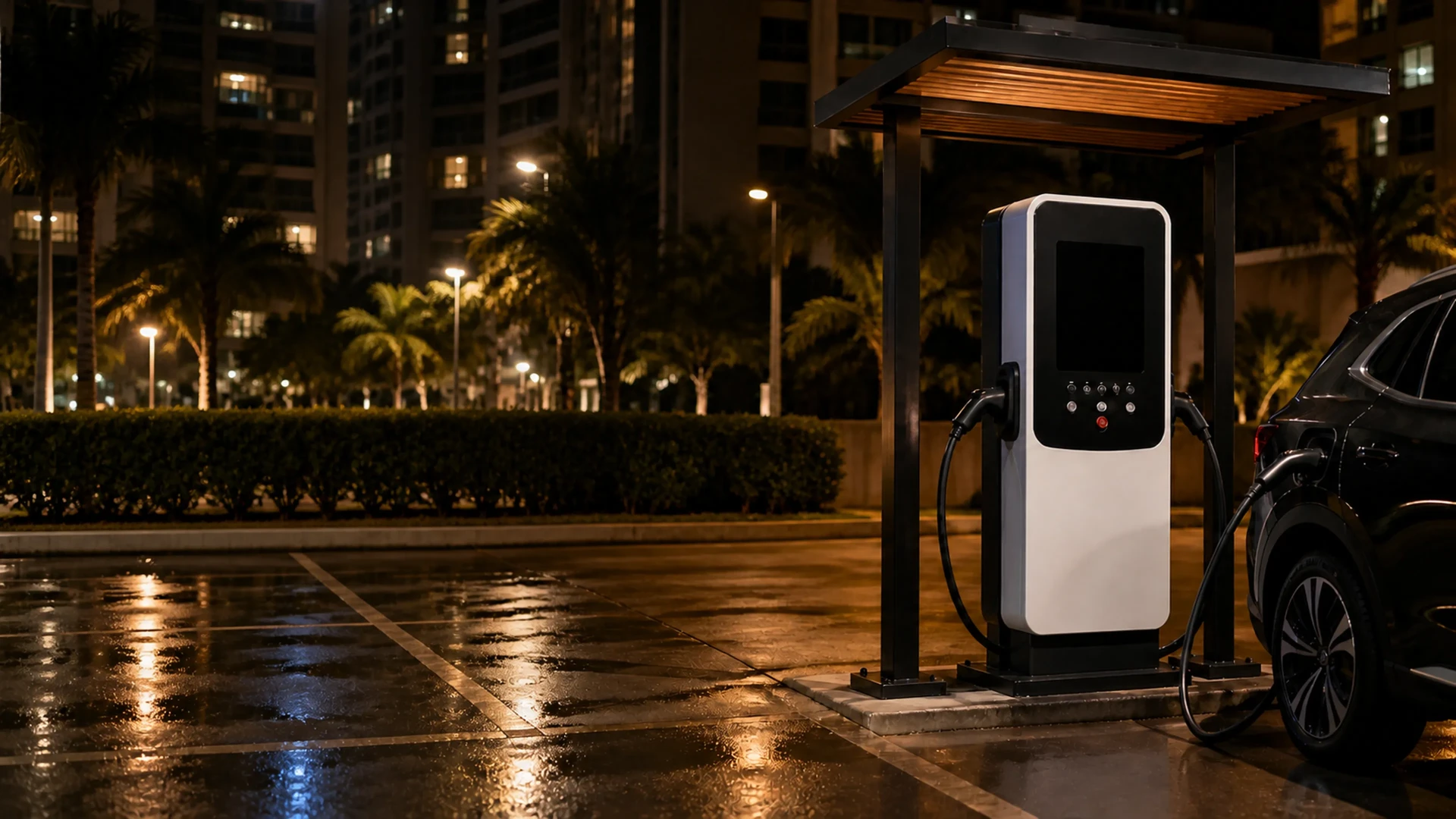 Carregador para veículo elétrico ao lado de um carro durante a noite