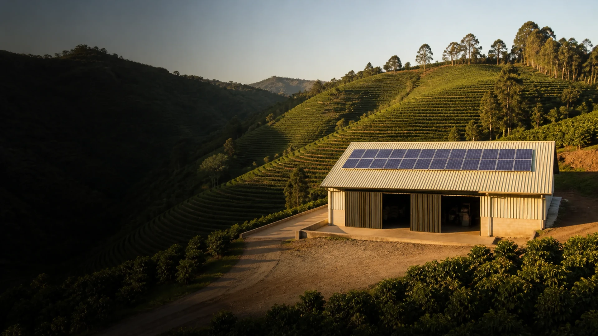 Painéis solares em propriedade rural cercada por lavouras e montanhas